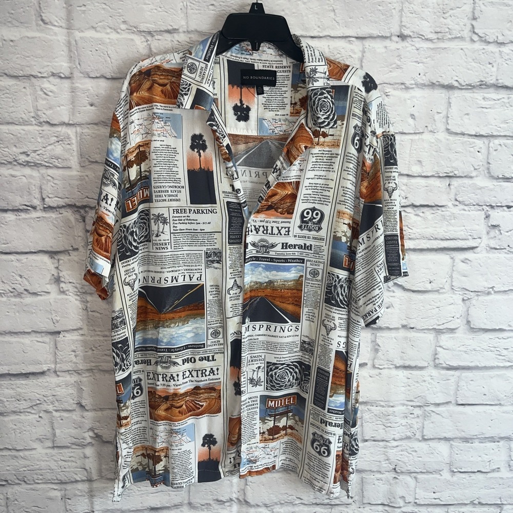 No Boundaries Mens Novelty Newspaper Print Short Sleeve Button Down Shirt 2XL